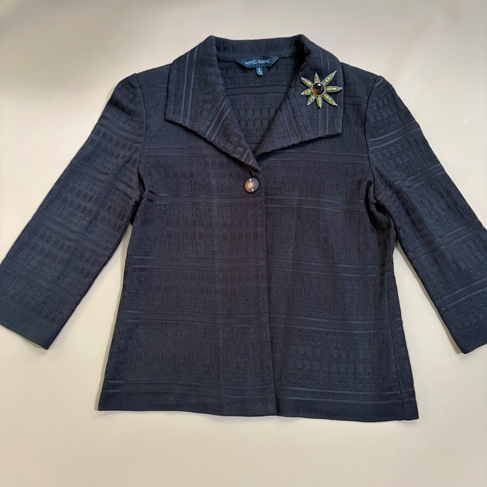 Ming Wang Womens Brown Textured Knit Jacket with Pin S Classic Dark Academia Mod